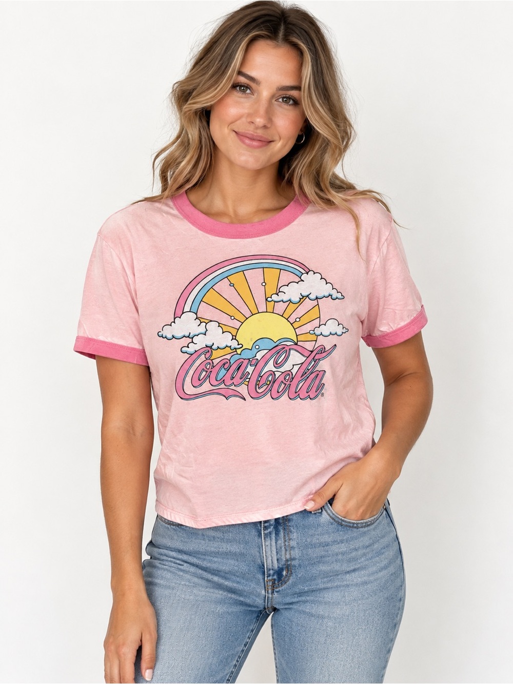Coca Cola Pink Ringer Tee with Sunrise Graphic
